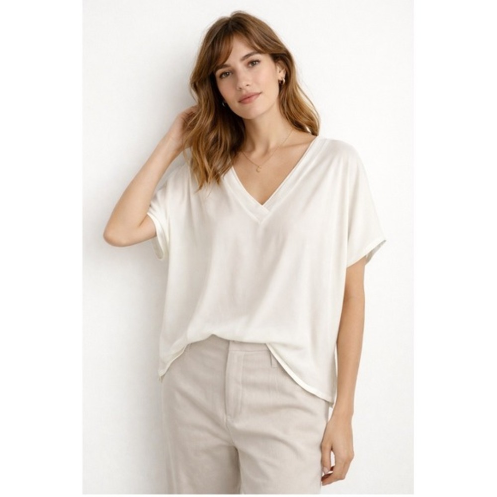 La Serein Womens XL‎ Ivory V-Neck Mixed Media Blouse Short Sleeve NWT